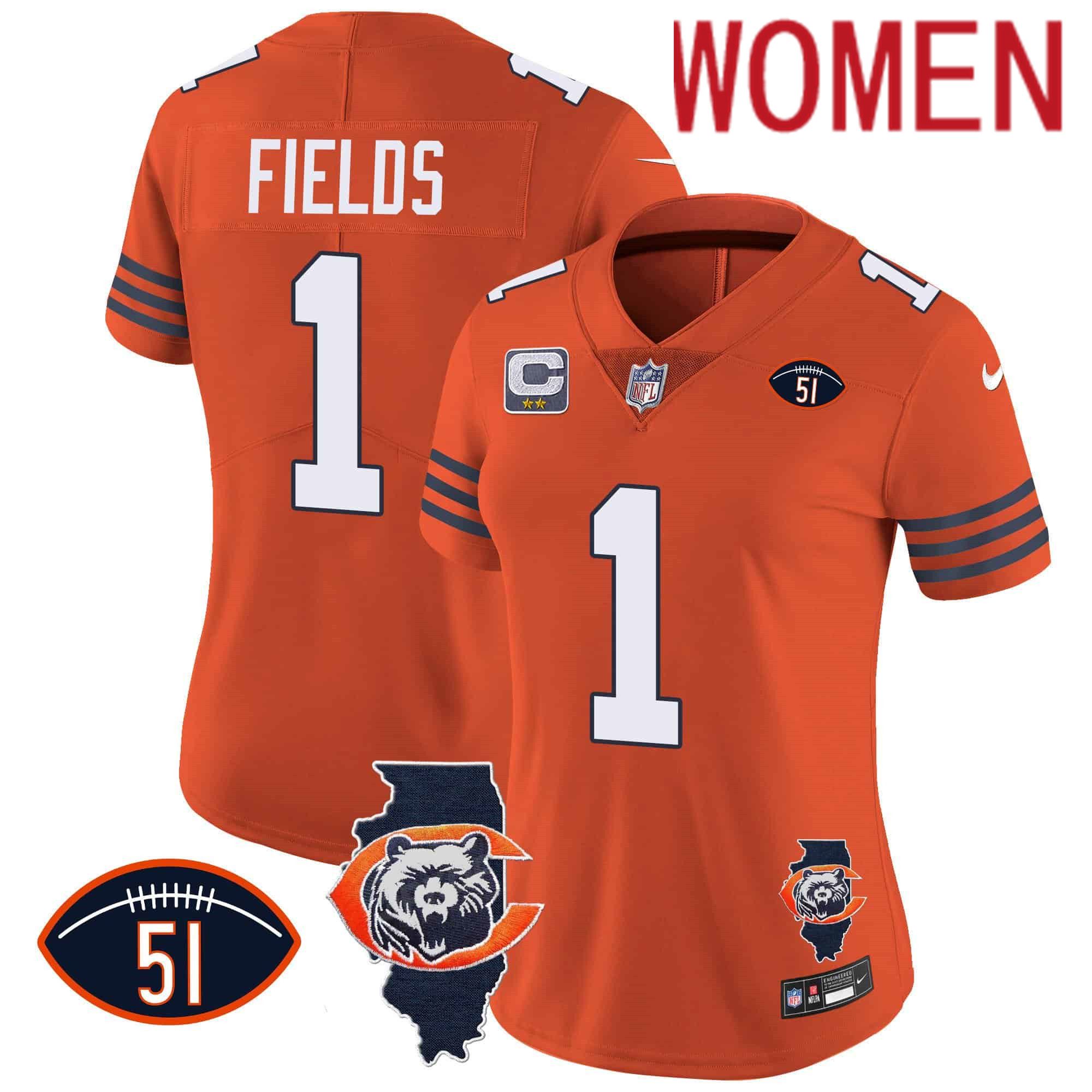 Women Chicago Bears #1 Fields Orange 2024 Nike Throwback Illinois Patch Vapor NFL Jersey